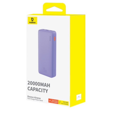 Powerbank Baseus Airpow 20W 20000mAh z kablem Baseus Simple Series USB-A - USB-C 50 cm - fioletowy Powerbank Baseus Airpow 20W 20000mAh z kablem Baseus Simple Series USB-A - USB-C 50 cm - fioletowy