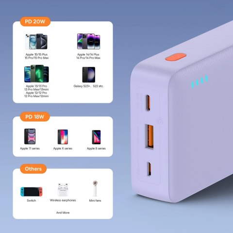 Powerbank Baseus Airpow 20W 20000mAh z kablem Baseus Simple Series USB-A - USB-C 50 cm - fioletowy Powerbank Baseus Airpow 20W 20000mAh z kablem Baseus Simple Series USB-A - USB-C 50 cm - fioletowy