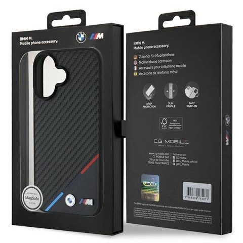 Etui BMW Carbon Tricolor Line MagSafe na iPhone 16 Plus - czarne Etui BMW Carbon Tricolor Line MagSafe na iPhone 16 Plus - czarne