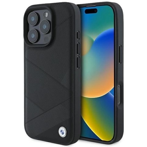 Etui BMW Signature Leather Crossing Lines Pattern na iPhone 16 Pro - czarne Etui BMW Signature Leather Crossing Lines Pattern na iPhone 16 Pro - czarne