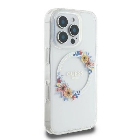 Etui Guess IML Flowers Wreath MagSafe na iPhone 16 Pro Max - przezroczyste