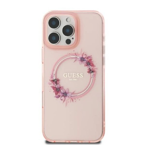 Etui Guess IML Flowers Wreath MagSafe na iPhone 16 Pro - różowe