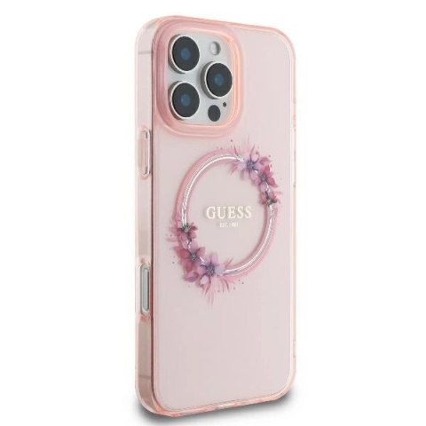 Etui Guess IML Flowers Wreath MagSafe na iPhone 16 Pro - różowe