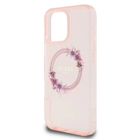 Etui Guess IML Flowers Wreath MagSafe na iPhone 16 Pro - różowe