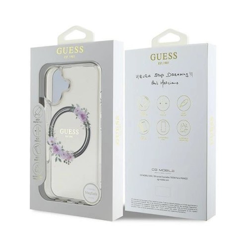 Etui Guess IML Flowers Wreath MagSafe na iPhone 16 - czarne