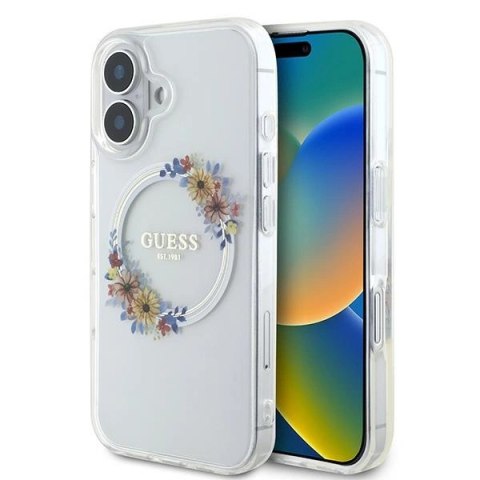 Etui Guess IML Flowers Wreath MagSafe na iPhone 16 - przezroczyste