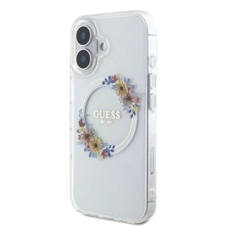 Etui Guess IML Flowers Wreath MagSafe na iPhone 16 - przezroczyste