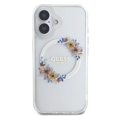 Etui Guess IML Flowers Wreath MagSafe na iPhone 16 - przezroczyste