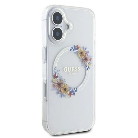 Etui Guess IML Flowers Wreath MagSafe na iPhone 16 - przezroczyste