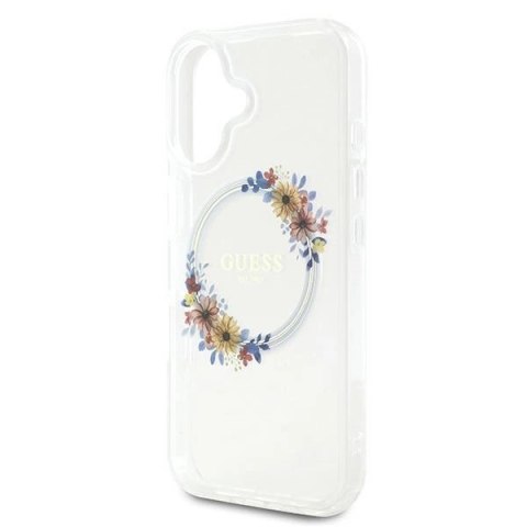 Etui Guess IML Flowers Wreath MagSafe na iPhone 16 - przezroczyste