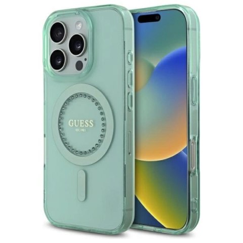 Etui Guess IML Rhinestones MagSafe na iPhone 16 Pro Max - zielone
