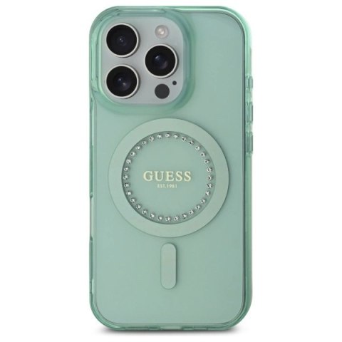 Etui Guess IML Rhinestones MagSafe na iPhone 16 Pro - zielone