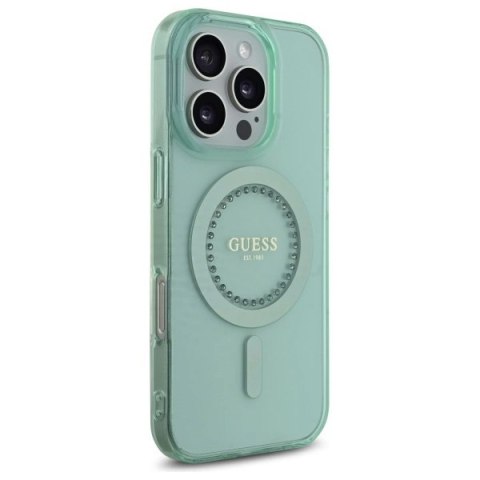 Etui Guess IML Rhinestones MagSafe na iPhone 16 Pro - zielone