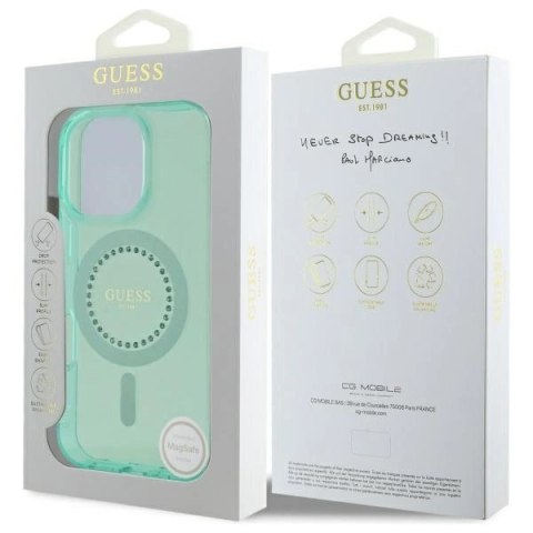 Etui Guess IML Rhinestones MagSafe na iPhone 16 Pro - zielone