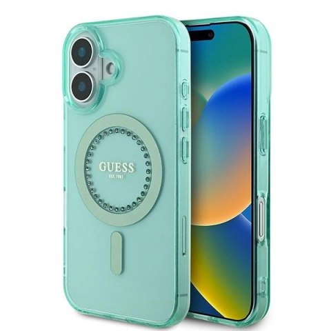 Etui Guess IML Rhinestones MagSafe na iPhone 16 - zielone