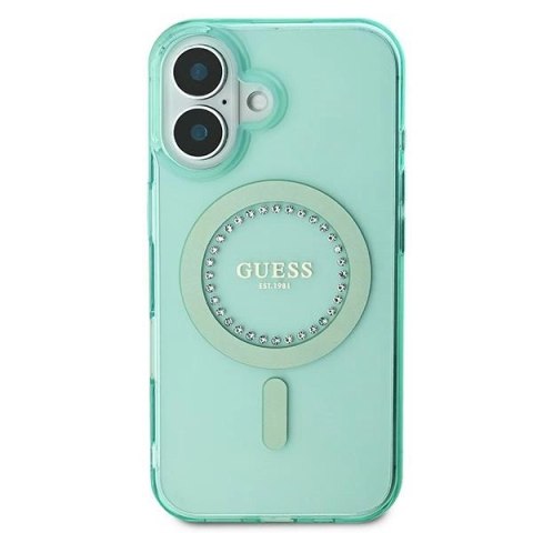 Etui Guess IML Rhinestones MagSafe na iPhone 16 - zielone