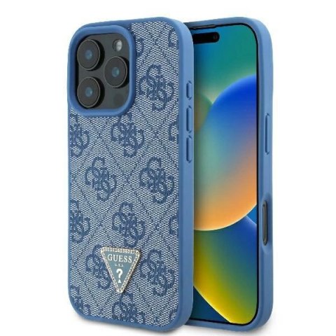 Etui Guess Leather 4G Triangle Strass MagSafe na iPhone 16 Pro Max - niebieskie