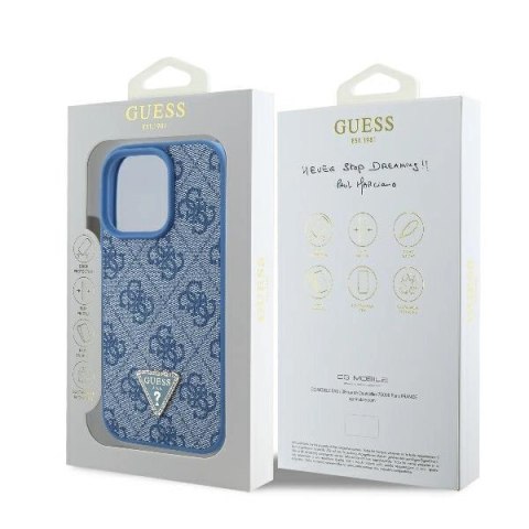 Etui Guess Leather 4G Triangle Strass MagSafe na iPhone 16 Pro Max - niebieskie