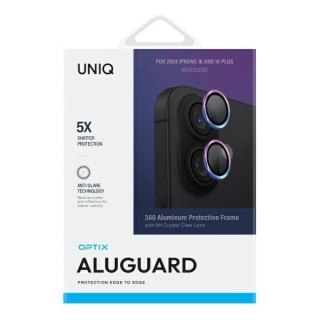Szkło na aparat UNIQ Optix Aluminium Camera Lens Protector z aplikatorem na iPhone 16 / iPhone 16 Plus - opalizujące