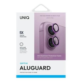 Szkło na aparat UNIQ Optix Aluminium Camera Lens Protector z aplikatorem na iPhone 16 / iPhone 16 Plus - różowe