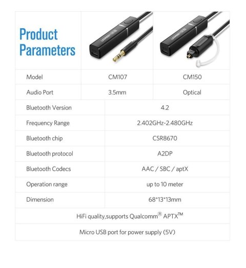 Ugreen transmiter Bluetooth 5.0 bezprzewodowy adapter audio 3,5 mm mini jack czarny (40761 CM107) Ugreen transmiter Bluetooth 5.0 bezprzewodowy adapter audio 3,5 mm mini jack czarny (40761 CM107)