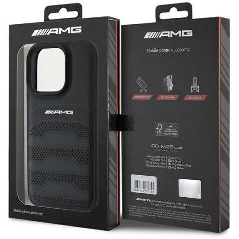 Etui AMG Leather Debossed Lines Black Logo na iPhone 16 Pro - czarne