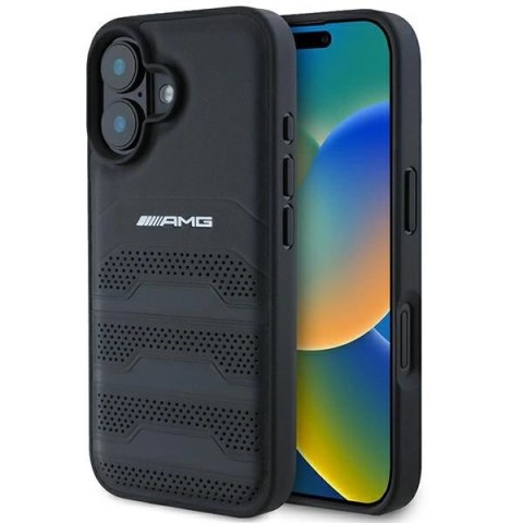 Etui AMG Leather Debossed Lines Black Logo na iPhone 16 - czarne Etui AMG Leather Debossed Lines Black Logo na iPhone 16 - czarne