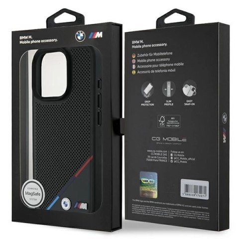Etui BMW M Perforated Tricolor Line MagSafe na iPhone 16 Pro - czarne Etui BMW M Perforated Tricolor Line MagSafe na iPhone 16 Pro - czarne