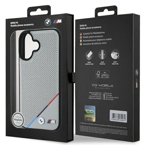 Etui BMW M Perforated Tricolor Line MagSafe na iPhone 16 - szare