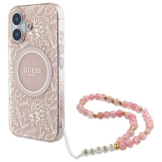 Etui Guess IML Flowers Allover Electro With Pearl Strap MagSafe na iPhone 16 Plus - różowe