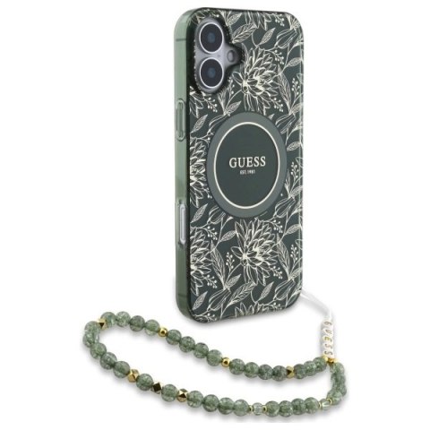 Etui Guess IML Flowers Allover Electro With Pearl Strap MagSafe na iPhone 16 Plus - zielone