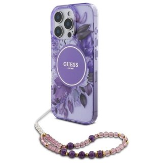 Etui Guess IML Flowers With Pearl Strap MagSafe na iPhone 16 Pro - fioletowe