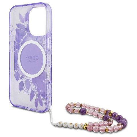 Etui Guess IML Flowers With Pearl Strap MagSafe na iPhone 16 Pro - fioletowe