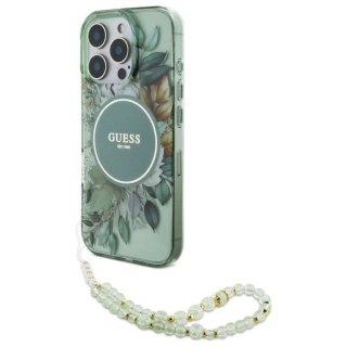Etui Guess IML Flowers With Pearl Strap MagSafe na iPhone 16 Pro - zielone