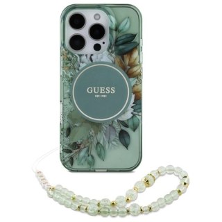 Etui Guess IML Flowers With Pearl Strap MagSafe na iPhone 16 Pro - zielone