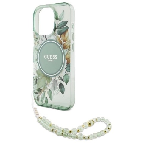 Etui Guess IML Flowers With Pearl Strap MagSafe na iPhone 16 Pro - zielone