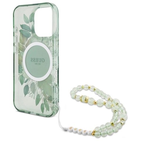 Etui Guess IML Flowers With Pearl Strap MagSafe na iPhone 16 Pro - zielone