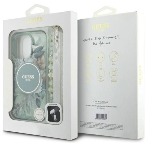 Etui Guess IML Flowers With Pearl Strap MagSafe na iPhone 16 Pro - zielone