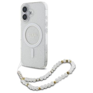 Etui Guess IML Glitter With Pearl Strap MagSafe na iPhone 16 Plus - przezroczyste