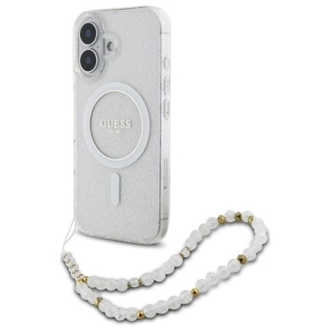 Etui Guess IML Glitter With Pearl Strap MagSafe na iPhone 16 Plus - przezroczyste