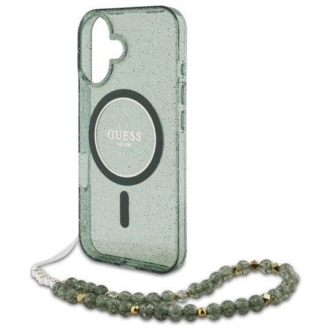 Etui Guess IML Glitter With Pearl Strap MagSafe na iPhone 16 Plus - zielone