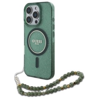 Etui Guess IML Glitter With Pearl Strap MagSafe na iPhone 16 Pro - zielone