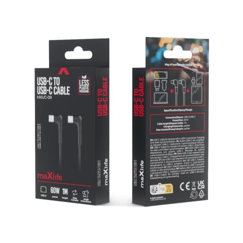 Maxlife kabel kątowy MXUC-09 USB-C - USB-C 1,0 m 60W czarny Maxlife kabel kątowy MXUC-09 USB-C - USB-C 1,0 m 60W czarny