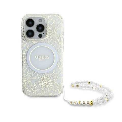 Etui Guess IML Flowers Allover Electro With Pearl Strap MagSafe na iPhone 16 Pro Max - białe