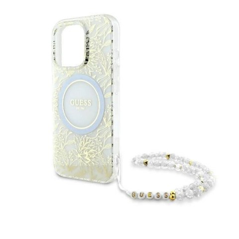 Etui Guess IML Flowers Allover Electro With Pearl Strap MagSafe na iPhone 16 Pro Max - białe
