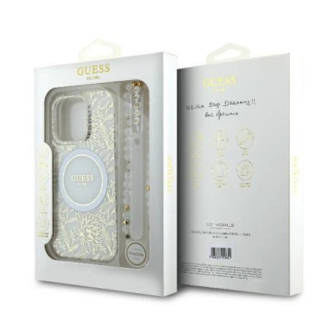 Etui Guess IML Flowers Allover Electro With Pearl Strap MagSafe na iPhone 16 Pro Max - białe