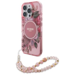Etui Guess IML Flowers With Pearl Strap MagSafe na iPhone 16 Pro Max - różowy