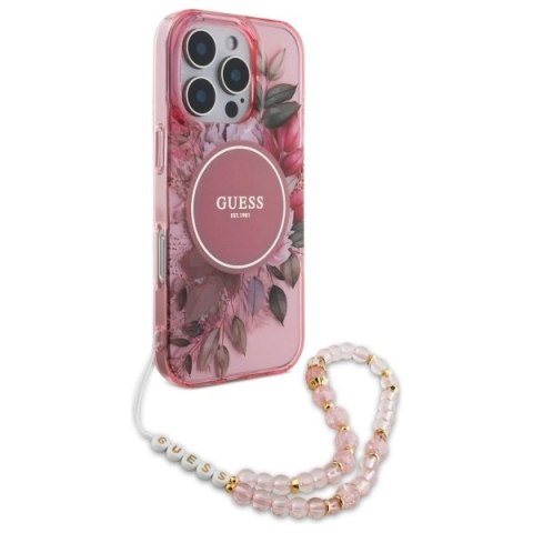 Etui Guess IML Flowers With Pearl Strap MagSafe na iPhone 16 Pro Max - różowy