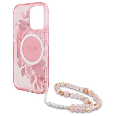 Etui Guess IML Flowers With Pearl Strap MagSafe na iPhone 16 Pro Max - różowy