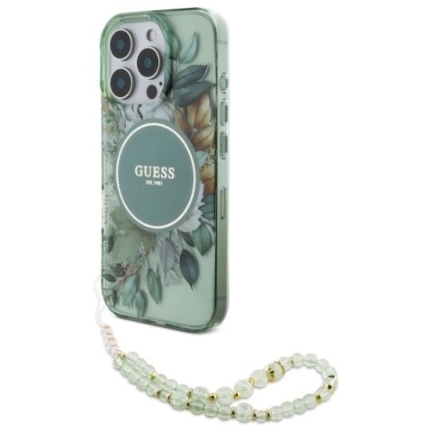 Etui Guess IML Flowers With Pearl Strap MagSafe na iPhone 16 Pro Max - zielony